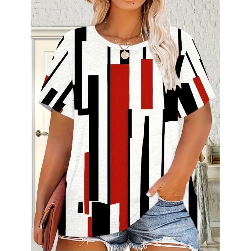 

Casual Vacation Comfortable and Elegant Style Geometric Pattern Simple Element Printed Pattern Women s Round Neck Large Size Short-sleeved T-shirt 8XL