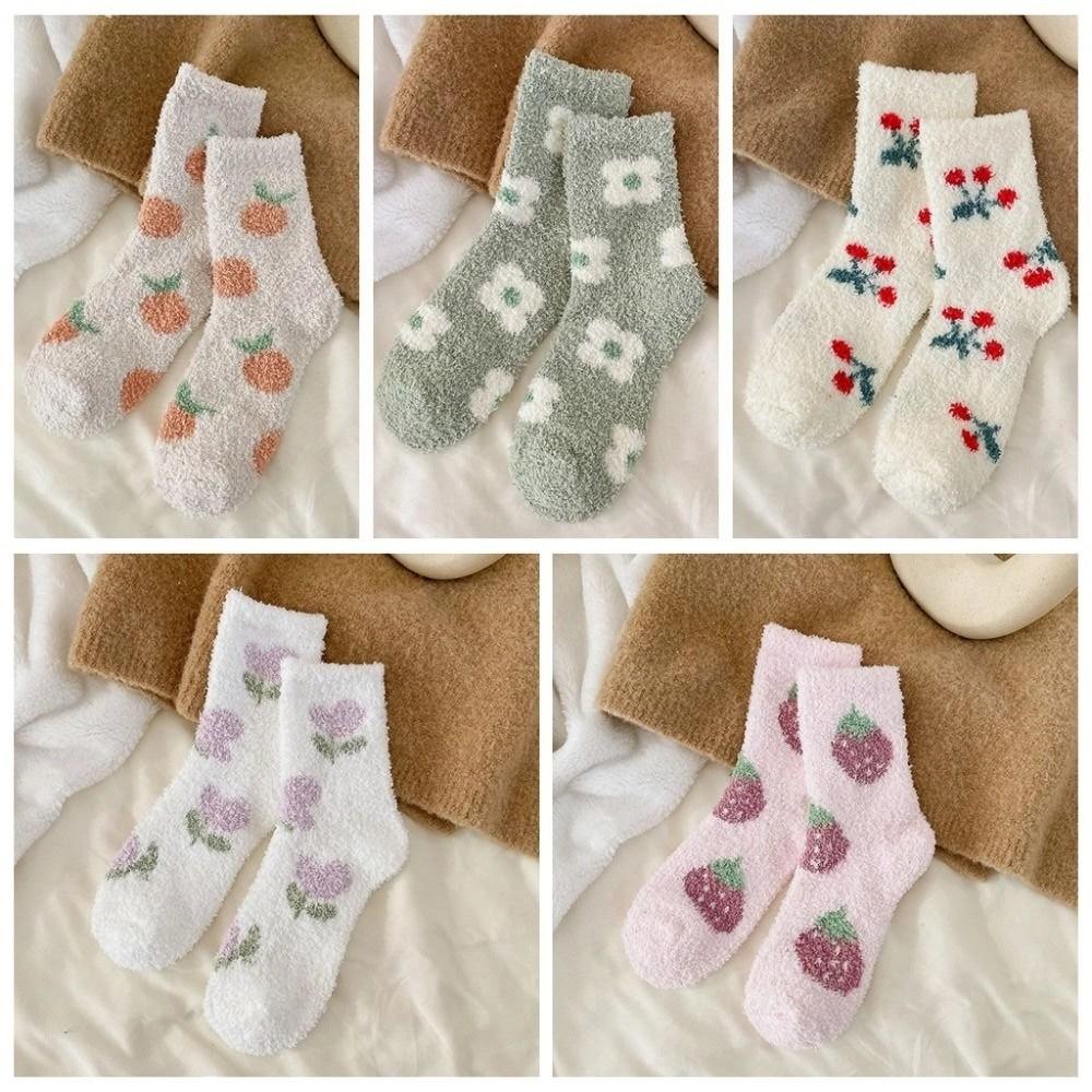 Flower Strawberry Coral Fleece Socks Winter Warm Socks Women Soft Floor Plush Socks  Winter