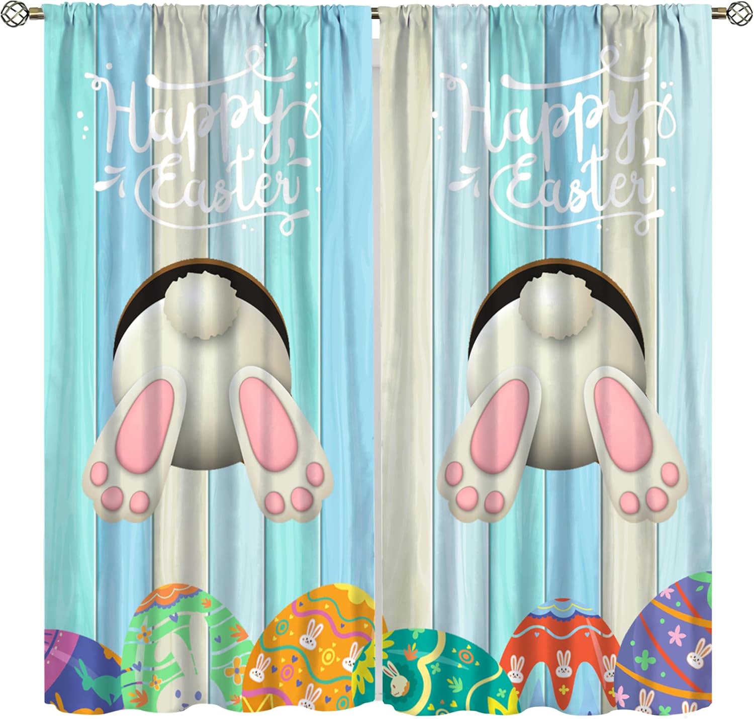 Easter Curta Spring Flowers Cute Bunny Cross Eggs Colourful Patterns Window Treatments For Boys Girls Kids Living Dining Room 53x116CM-2PC