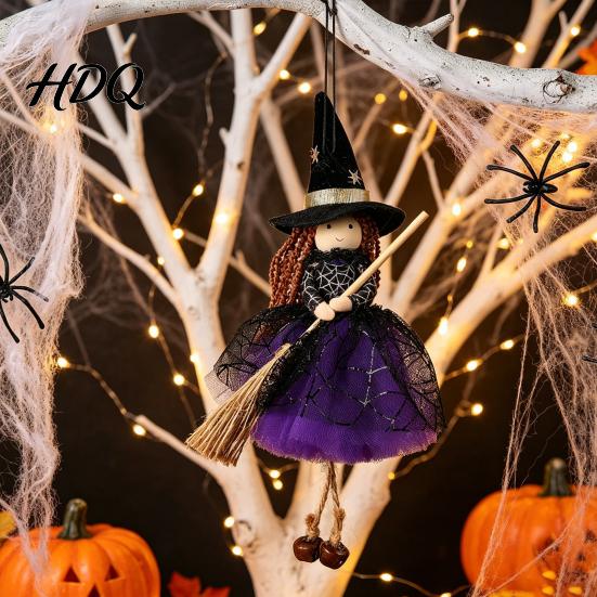 Durable Halloween Witch Figure Doll with Broom Small Hanging Figurine Home Decoration
