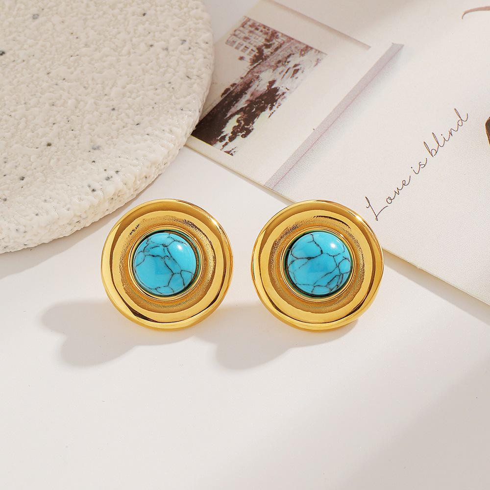 Ying Tai Turquoise Inlaid Stainless and Titanium Steel Stud Earrings, High Polish, Non-Fading, Vacuum Plated 18k Gold.