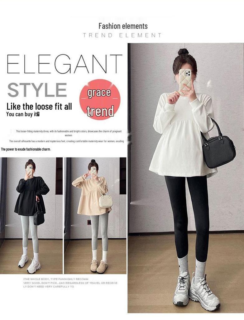 Maternity Korean Style Two-Piece: Color-Reducing, Age-Reducing Baby Doll Shirt & Long-Sleeved Sweatshirt - Plus Size, Slimming, Cover Belly.