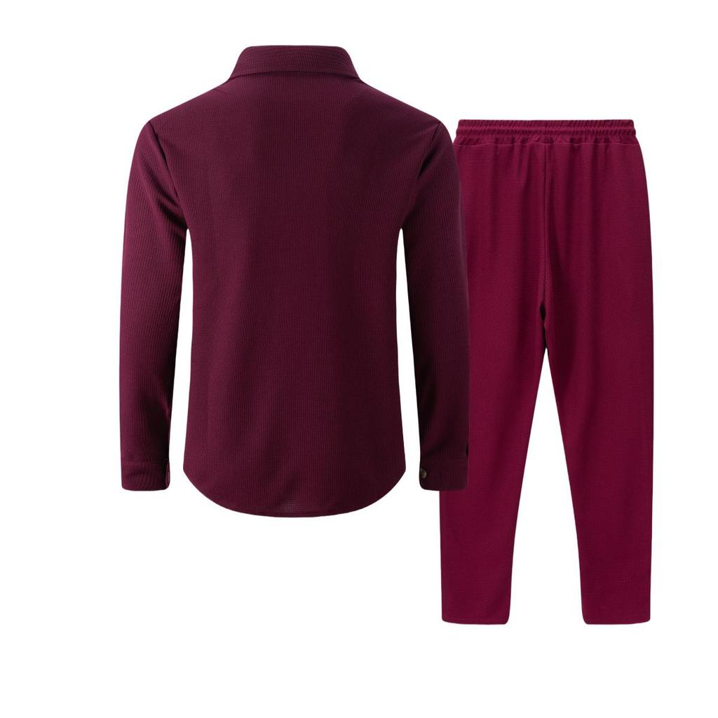 European & American Autumn Waffle Long Sleeve Two-Piece Cardigan Set with Double Pocket.