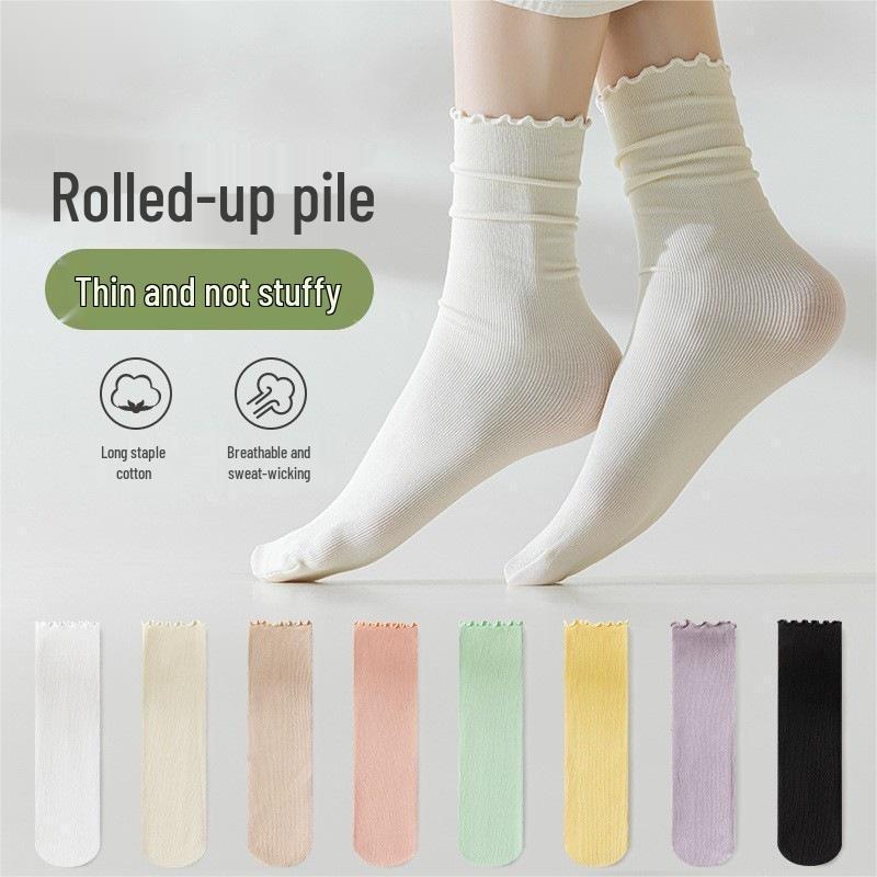 Women's Summer Ruffled Ice Silk Socks – Breathable, Comfortable, Mushroom Edge, Solid Color Slouch Socks