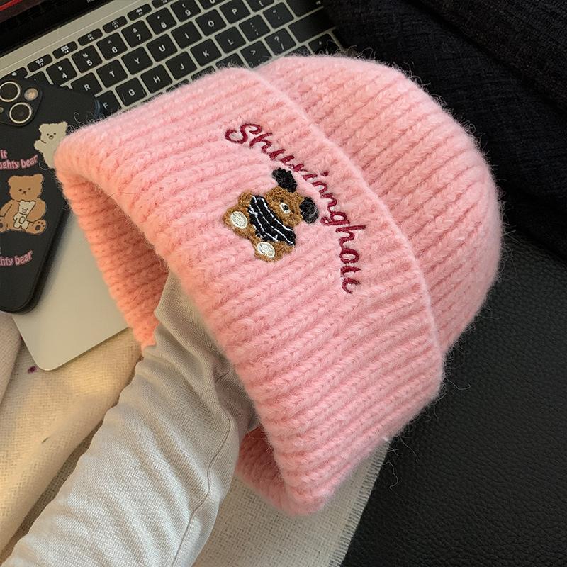 Cute Bear Blue Knitted Hat for Women In Autumn and Winter To Keep Warm and Versatile Ear Protection Woolen Hat Showing Face Small Baotou Cold Hat