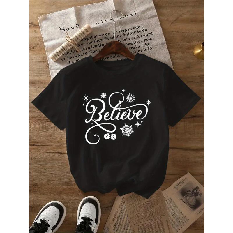 Women Bohemian Believe T-Shirt Black White Floral Star Print Round Neck Short Sleeve Loose Lightweight All-Season Boho Casual Top