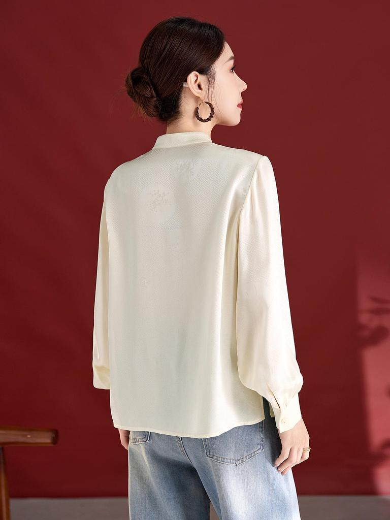 Women's Elegant French Silk Shirt - Autumn 2025, Long Sleeve Stand Collar, Luxurious Mulberry Silk Top.