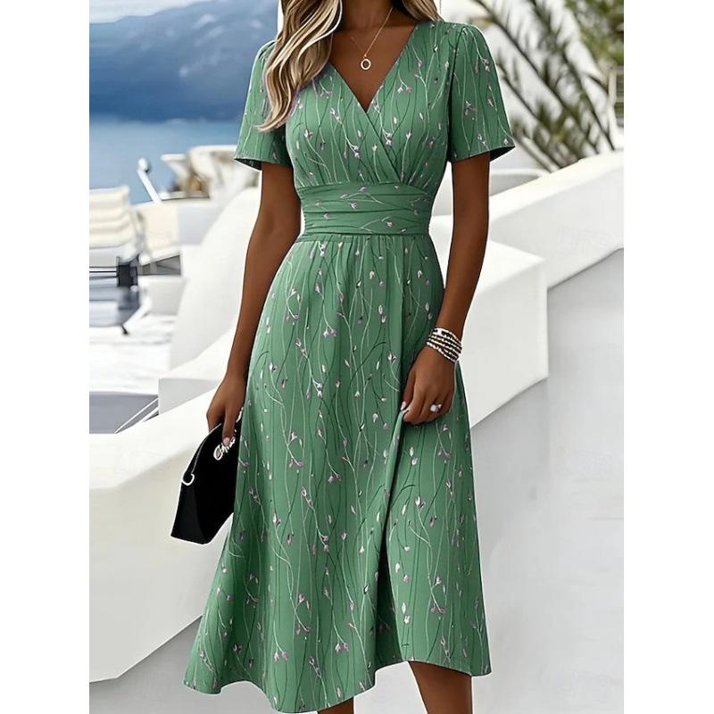 VEZFAA Abiti casual a vita alta con scollo a V a maniche corte primavera estate moda donna