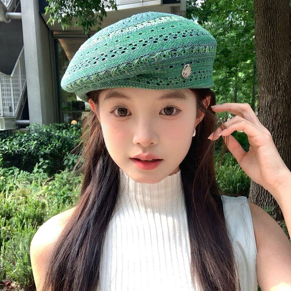 Vintage Hollowed Out Beret Hat Japanese Style Crochet Knitted Cap Elegant Weave Painter Hat  Spring