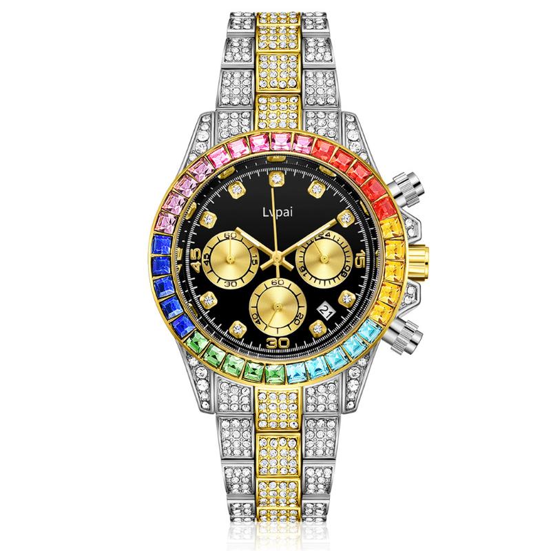 Wristwatch for Men Colour Rhinestone Calendar Quartz Watch Hip Hop Clock