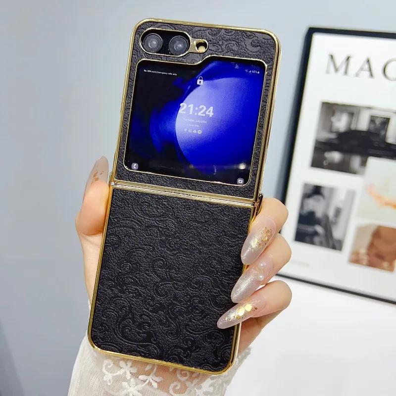 PU Leather Electroplate Luxury Phone Case for Samsung Galaxy Z Flip 6 5 4 3 Flip5 Flip4 Flip3 5G Protective Shockproof  Cover