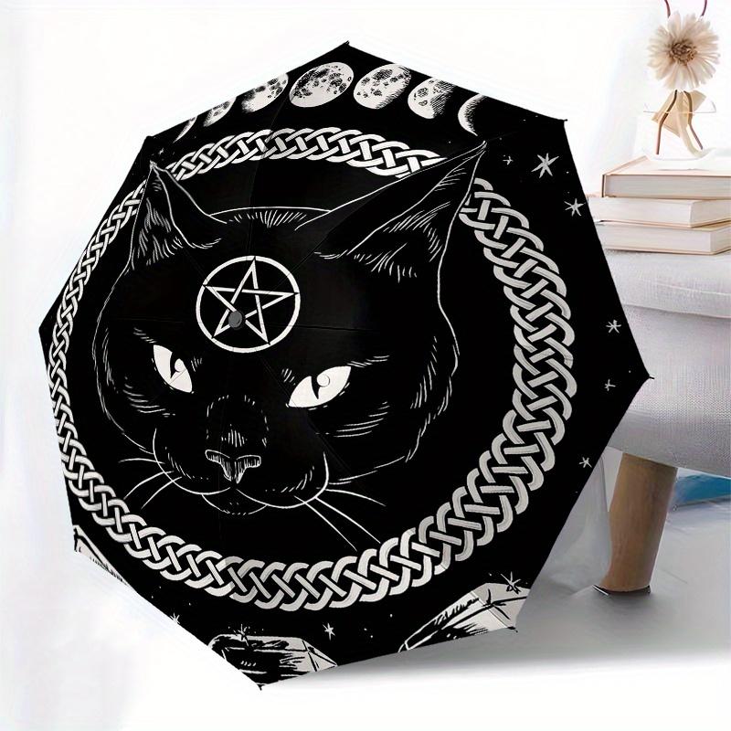 Black Cat Moon Phase Pentagram Crystal Circle StickerUmbrella, Portable 3-Fold Compact Umbrella for Men & Women Gift