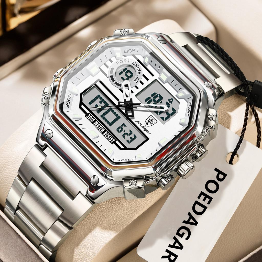 POEDAGAR Top Luxury Men Quartz Watch Waterproof Stainless Steel LED Man Watch Week Date Sports Military Electronic Watches