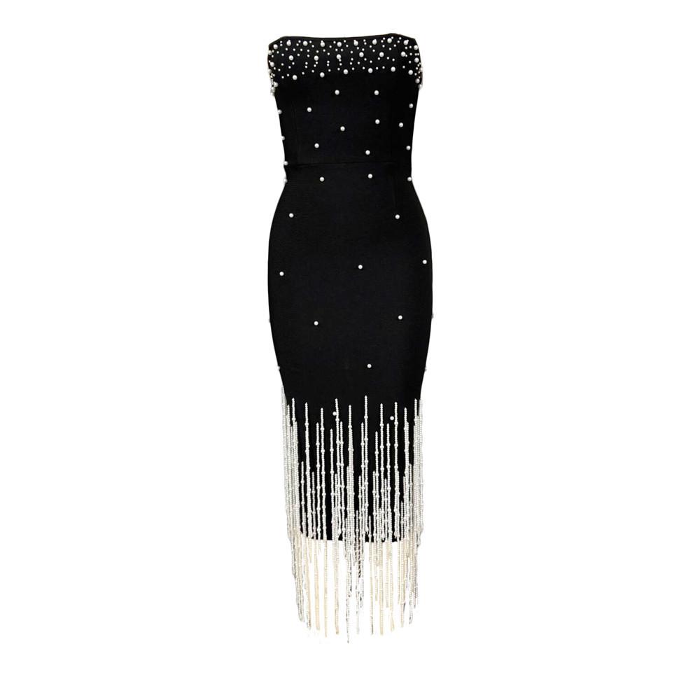 European Strapless Beaded Bandage Dress with Elegant Tassels