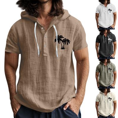 Men'S Casual Short Sleeved Hooded Top Buttoned Open Neck T-Shirt