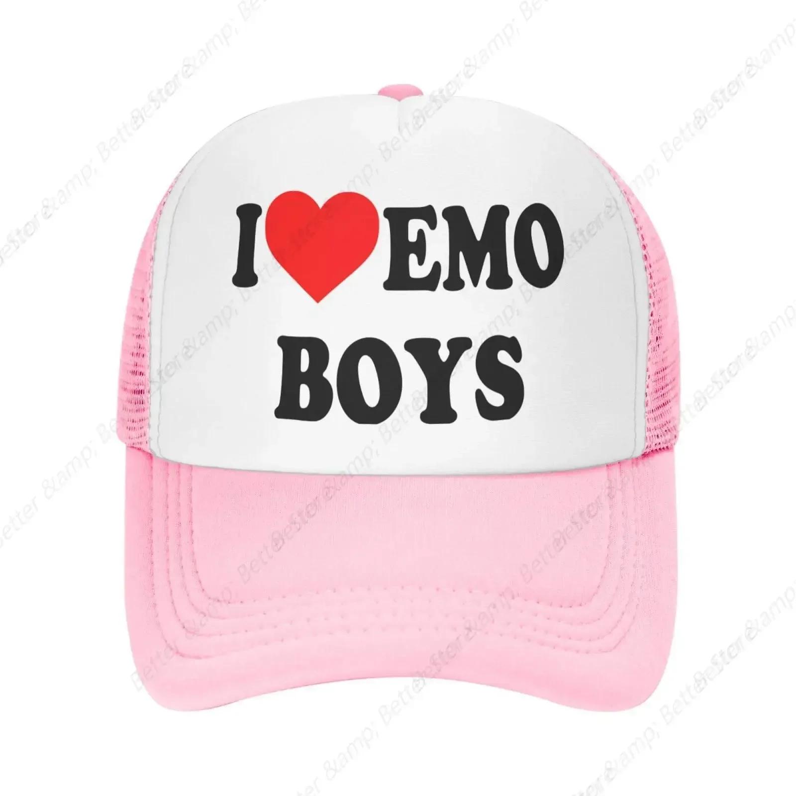 I Heart Emo Boys Trucker Hat for Unisex Women Humor Funny I Love Emo Boys Hats Mesh Funny Baseball Cap Pink Trucker Hat Adjustable
