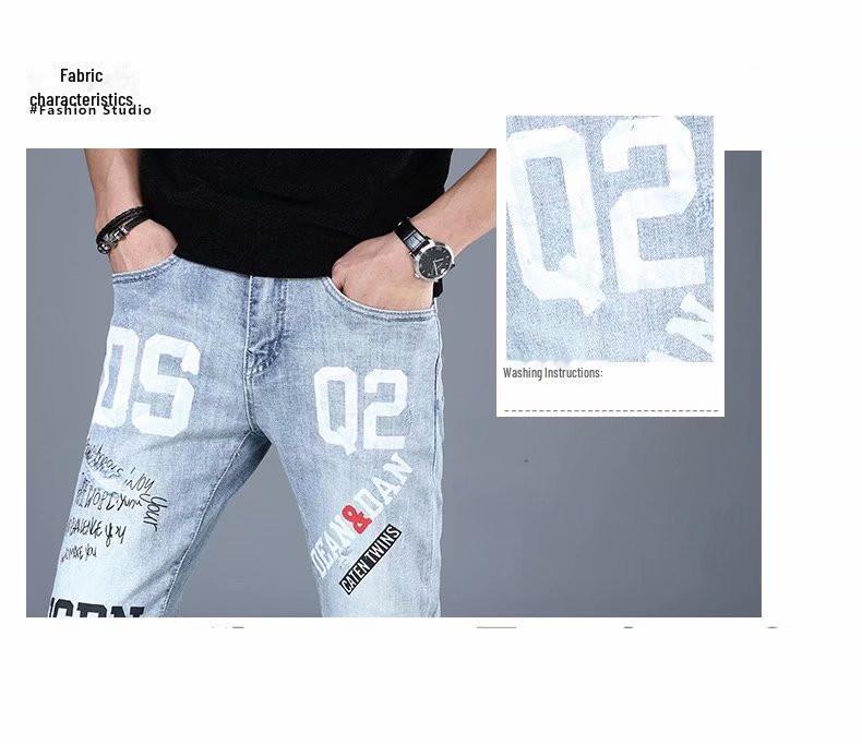 Men's Trendy European Light Blue Slim Jeans - Spring/Autumn Korean-Style Printed Skinny Trousers