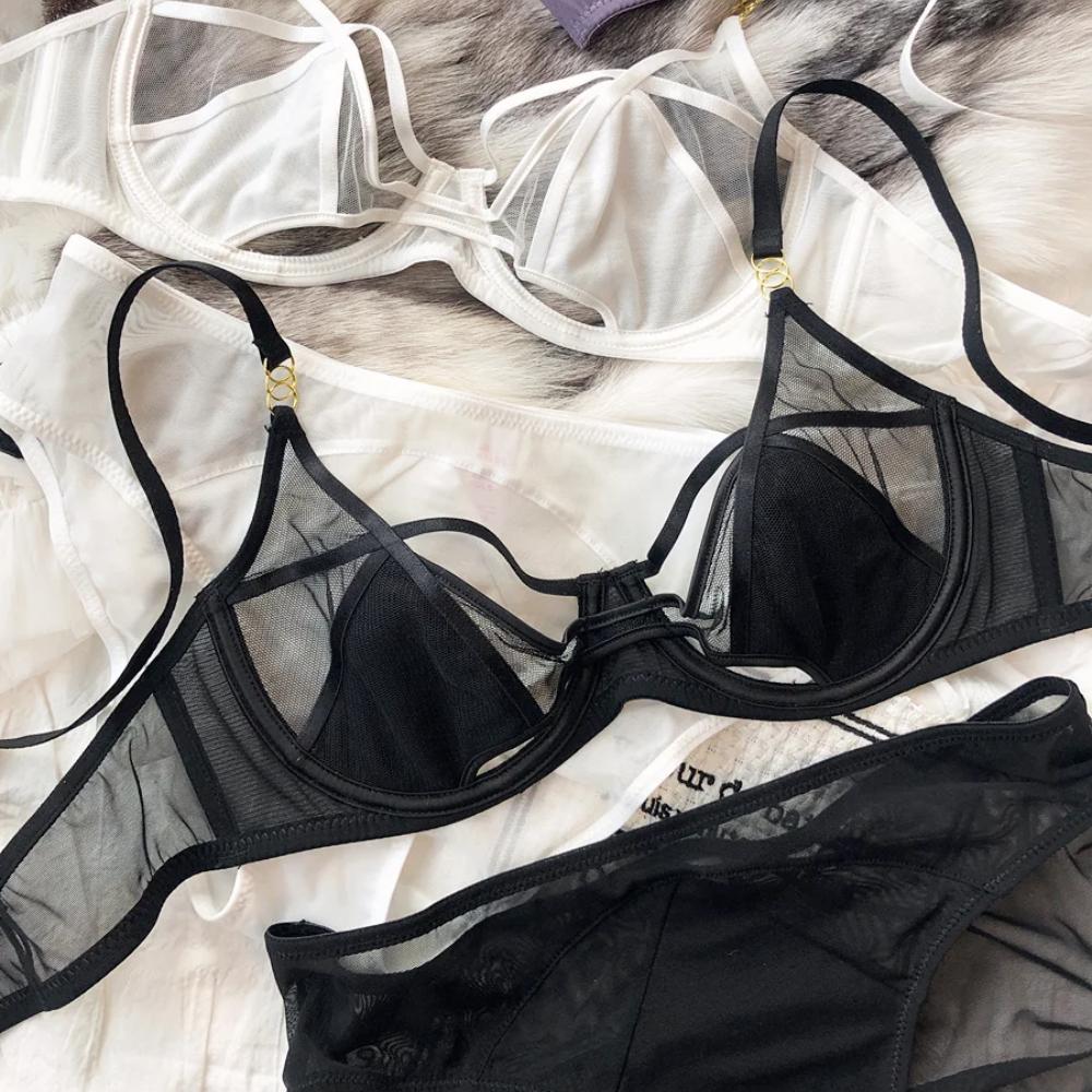 Sexy Hollow Lingerie Set French Ultra Thin Women Bra Summer Breathable Purple Plus Size 95CD Cup Underwear Push Up Brassiere