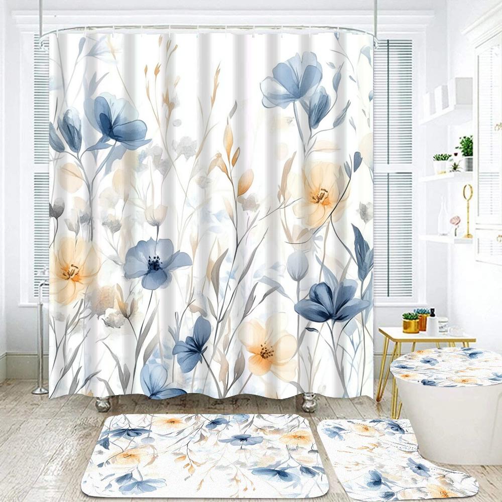 

3D Print Plants And Flower-Bird Style Bathroom Curtains Shower Curtain Set For Bathroom Non-Slip Carpet Bath Mat Rug Decor W60H190(CM)-1 Pcs
