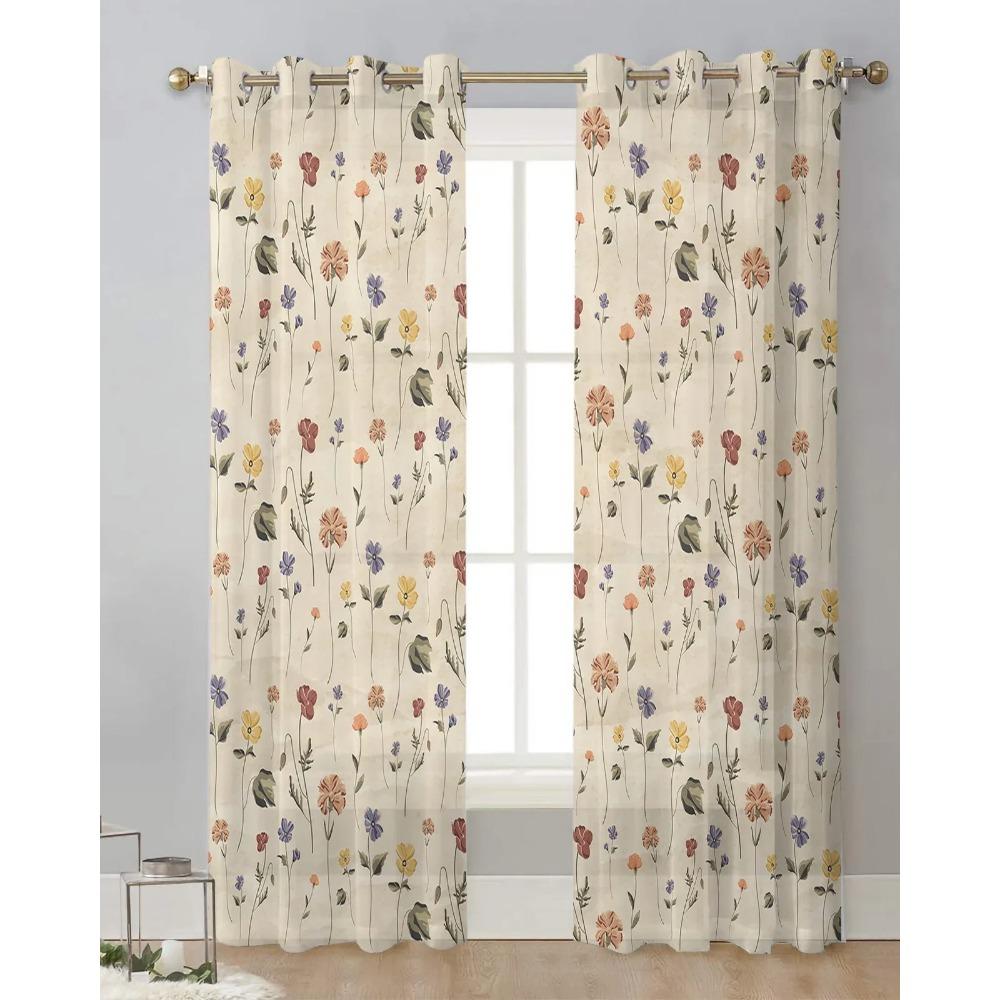 Retro Floral Wildflowers Sheer Drapes for Bedroom Living Room Decoration Window Curtain Ideal for Cooking Area Netting Voile Organza Drapes