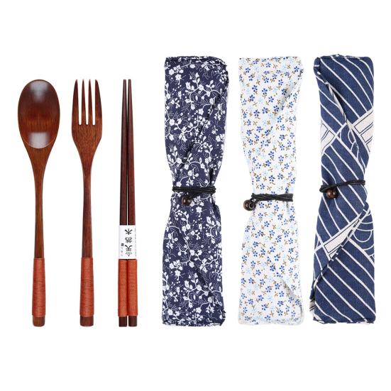 3/4Pcs Reusable Portable Travel Wooden Spoon Chopsticks Fork Tableware Cutlery