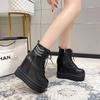 Mode 12CM Neue Damen Stiefeletten Leder Dicke Sohle Motorradstiefel Weiblich Herbst Frühling Kette Hohe Plateau Schuhe Frau Große Größe 42