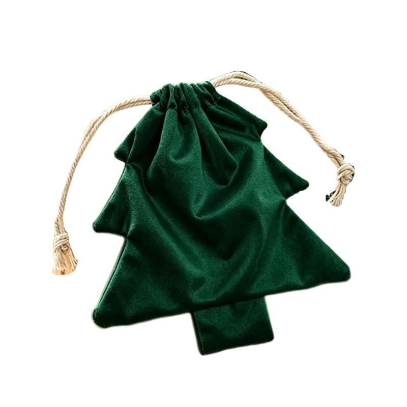 Soft Fabric Christmas Treat Bag Tree Ornament with Pull Cord Opening for Small Gifts and Holiday Table Display