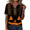 Women Casual Halloween Print V Neck Short Sleeve Button T Shirt Lightweight Soft Fabric Relaxed Fit Top for Everyday Wear