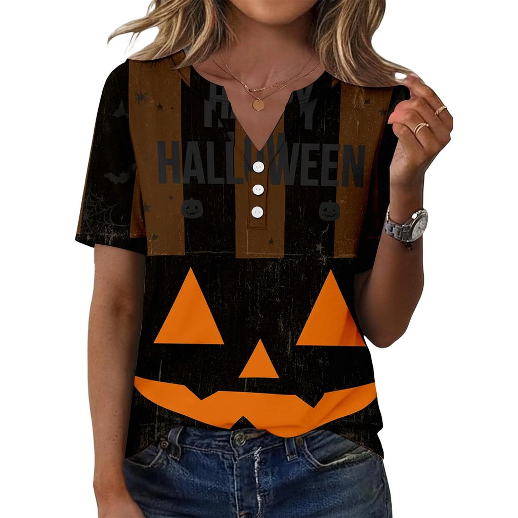 Women Casual Halloween Print V Neck Short Sleeve Button T Shirt Lightweight Soft Fabric Relaxed Fit Top for Everyday Wear