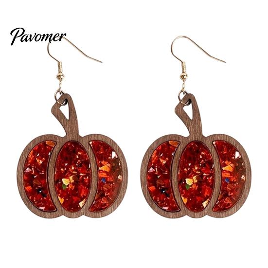 Gift for Her 1 Pair Fall Thanksgiving Pumpkin Earrings Women, Wooden Halloween Dangle Shaped Drop Earrings, Autumn Jewelry Lightweight Wood