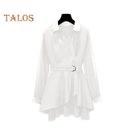 

Женская рубашка с лацканами, длинным рукавом, узким поясом, пуловер, однотонный цвет, неровный подол, рубашка средней длины 2XL белый