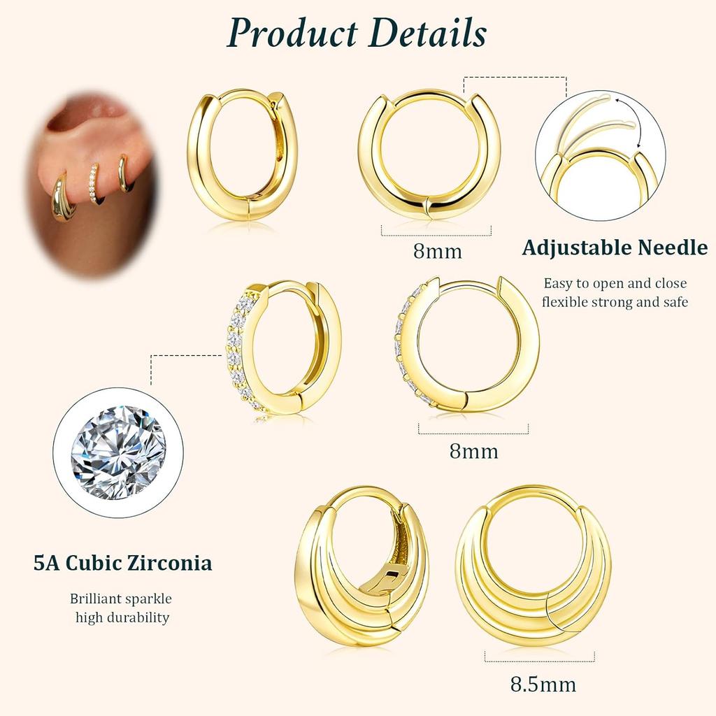 Set di piccoli orecchini a cerchio Huggie in Argento Sterling per Donna, Cerchi Ipoallergenici Placcati Oro 14K per Piercing Multipli