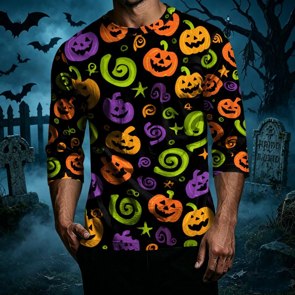 Men's Casual Halloween Print Crew Neck T Shirt Three Quarter Sleeve Top Lightweight Comfortable Fit Seasonal Design