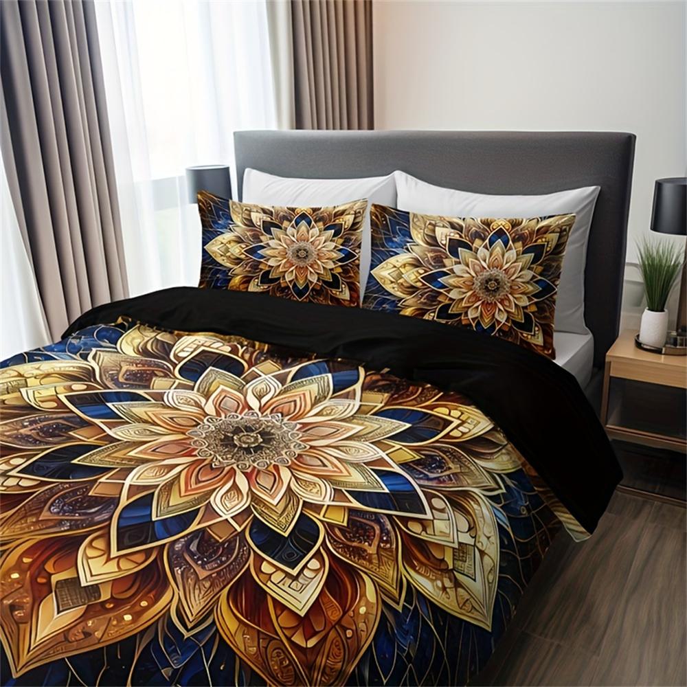 Golden Mandala Floral 3-Piece Duvet Cover Set with 2 Pillowcases - Breathable Polyester, All-Season, Machine Washable