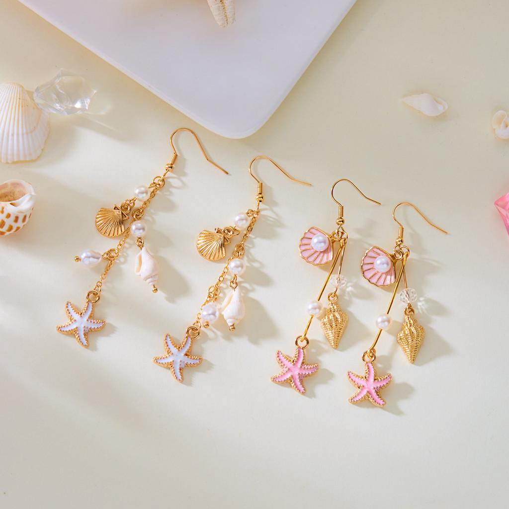 Pearl Shell Geometric Earrings With Electroplated Finish For Summer Beach Fashion