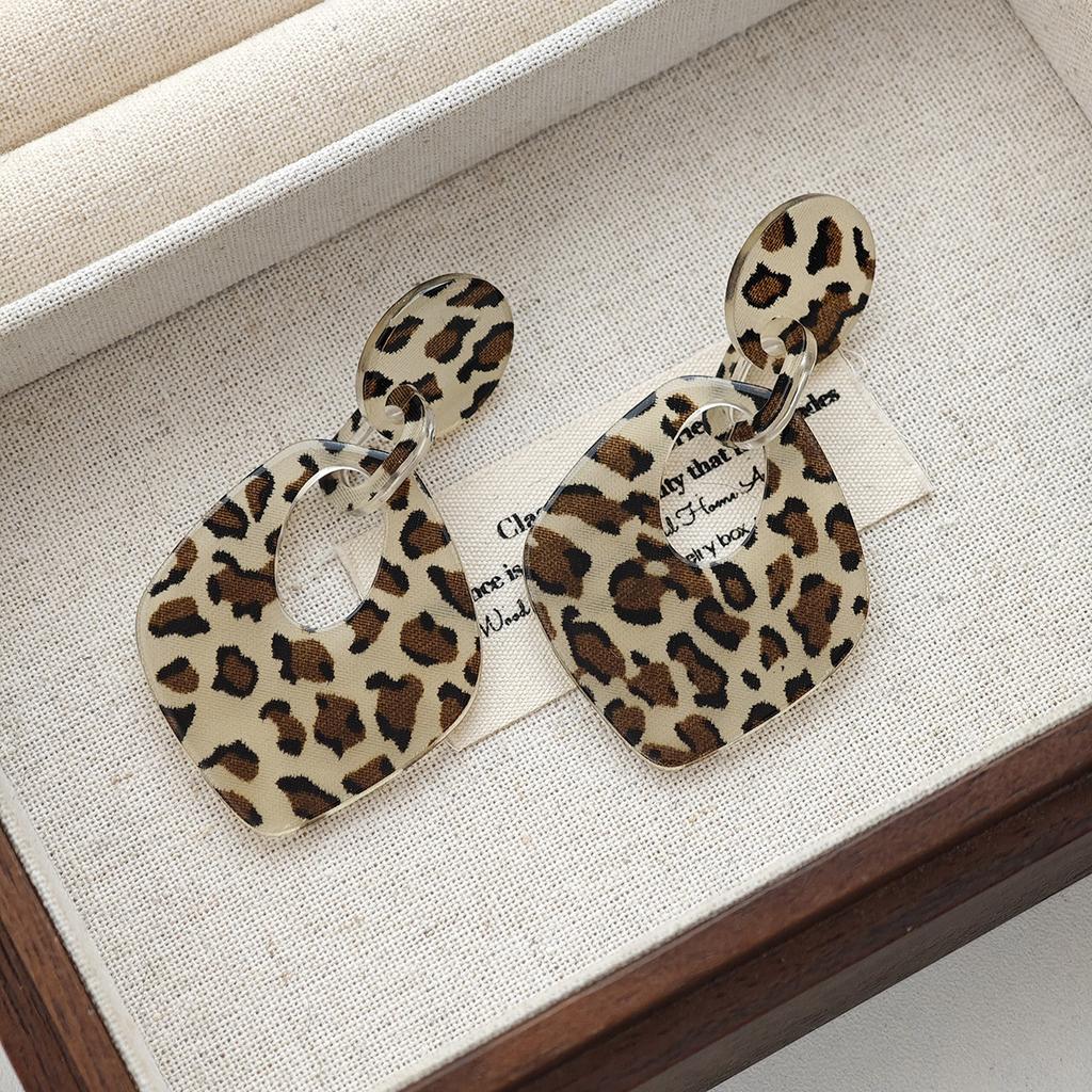 Akrylové náušnice s potiskem leopardí kůže a motivem srdce, Hong Kong styl, Maillard styl, Lehký luxus, Jednoduché, Módní, Univerzální náušnice