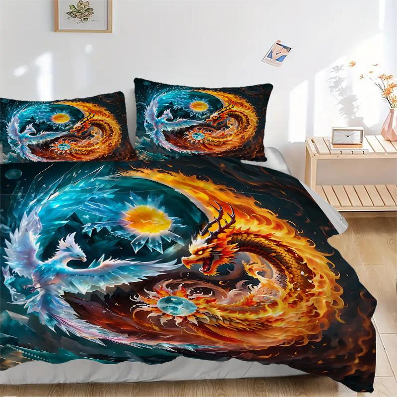 3pcs The Dance of Fire and Ice Dragons Printed Quilt Set - Includes 1 Quilt Cover and 2 Pillowcases, Machine Washable - Suitable for All Seasons.