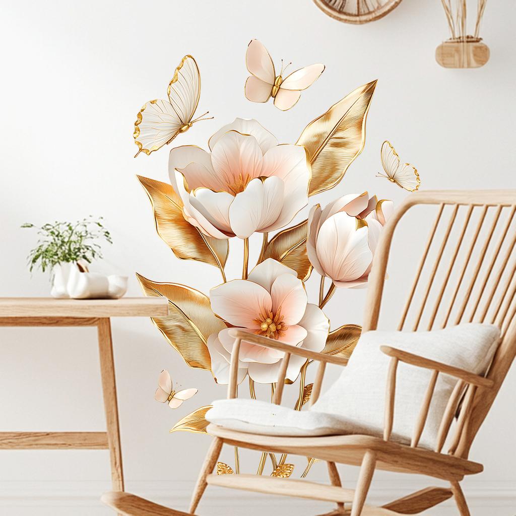 Butterfly Flower Wall Sticker Removable Self-Adhesive Background Decor for Bedroom Living Room Home Decoration