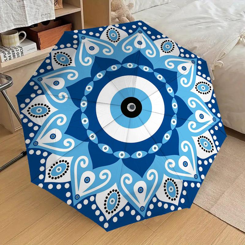 

1pc Evil Eye Mandala Pattern Automatic Open Folding Umbrella - Durable Iron Frame, 8 Ribs, Travel Umbrella Design for All-Seas