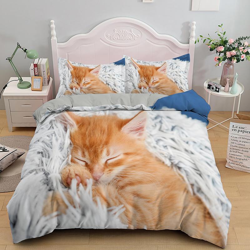 Little Cat Duvet Cover King Queen Size 3D Grey Cute Kitten Bedding Set For Adults Lovely Animal 2/3pcs Polyester Quilt Cover