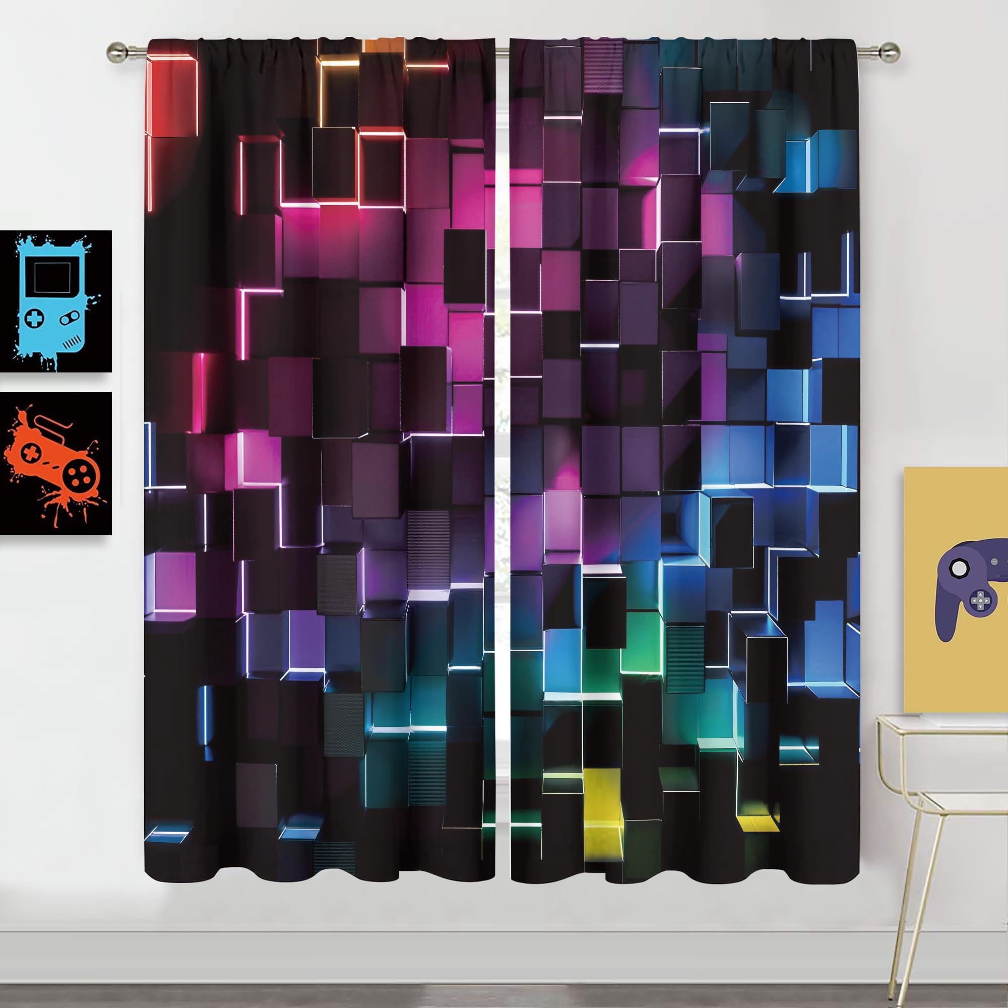 Meshelly Abstract Red Black Curta 42Wx45H Inch Rod Pocket Modern 3D Gradient Design Futuristic Geometric Cubes 2 Panels 53x116cm 2pc21x46in