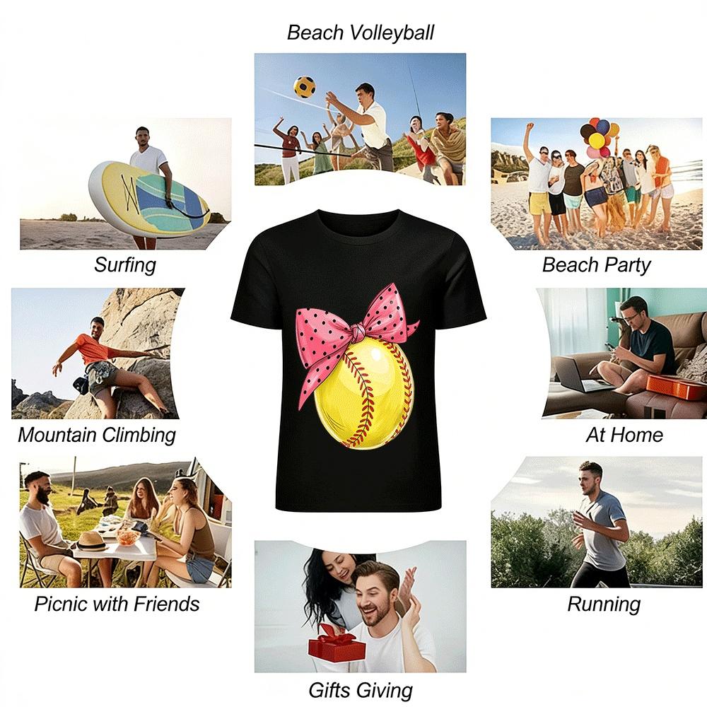 Cute Polka Dot Bow Softball Print Casual T-Shirt Pure cotton T-shirt