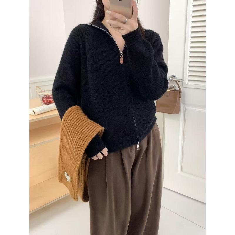 

Премиальный вязаный кардиган с лацканами однотонный для женщин осенне-зимний новый повседневный на двойной молнии свитер-жакет для женщин One size