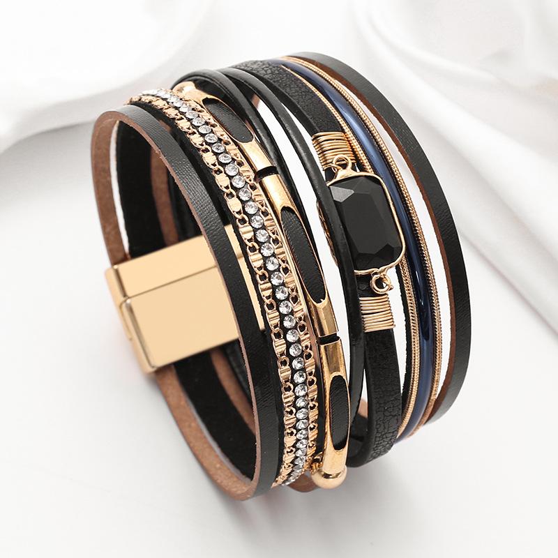 Crystal Magnet Buckle Leather Bracelet Woven Multi-layer Bangle Jewelry Accessory