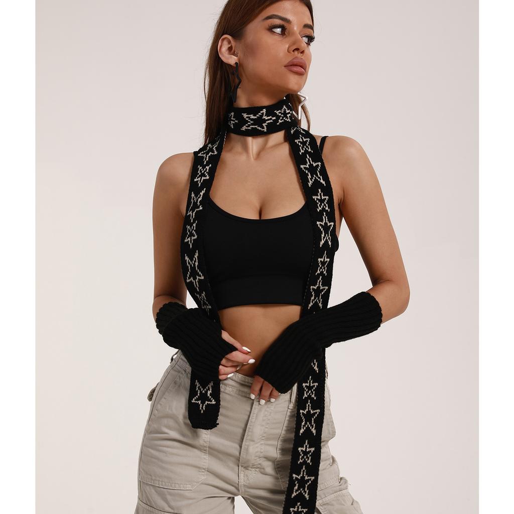 Harajuku Style Star Pattern Neck Scarf for Women Soft Neck Warmer Gothic Knit Long Scarf Winter Autumn Casual Neckwear