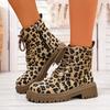 Women's Leopard Print Boots  Side Zip Comfortable Thick Bottom Flat Boots  Winter Round Toe Short Boots
