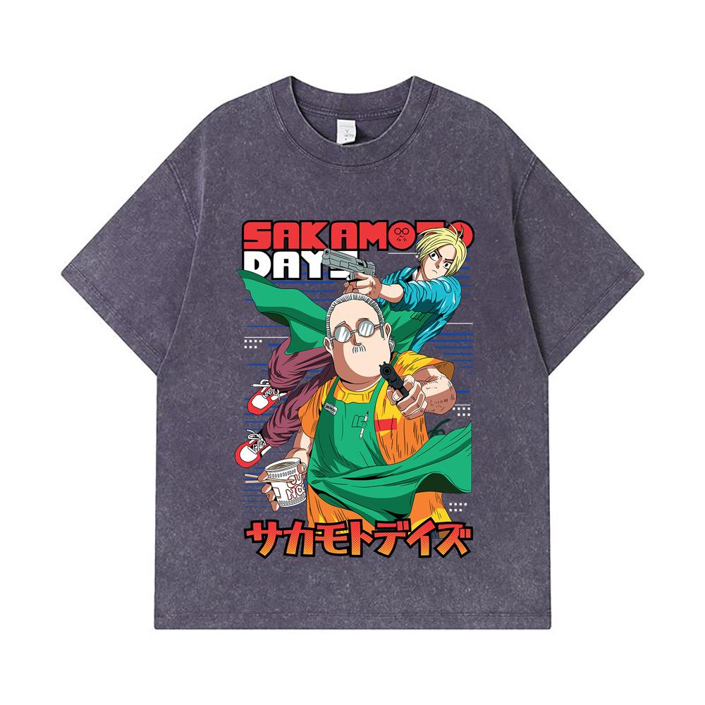 275 GSM Washed T-shirts 100% Cotton Sakamoto Days V3 Taro Shin Print Unisex Heavy Cotton T Shirt