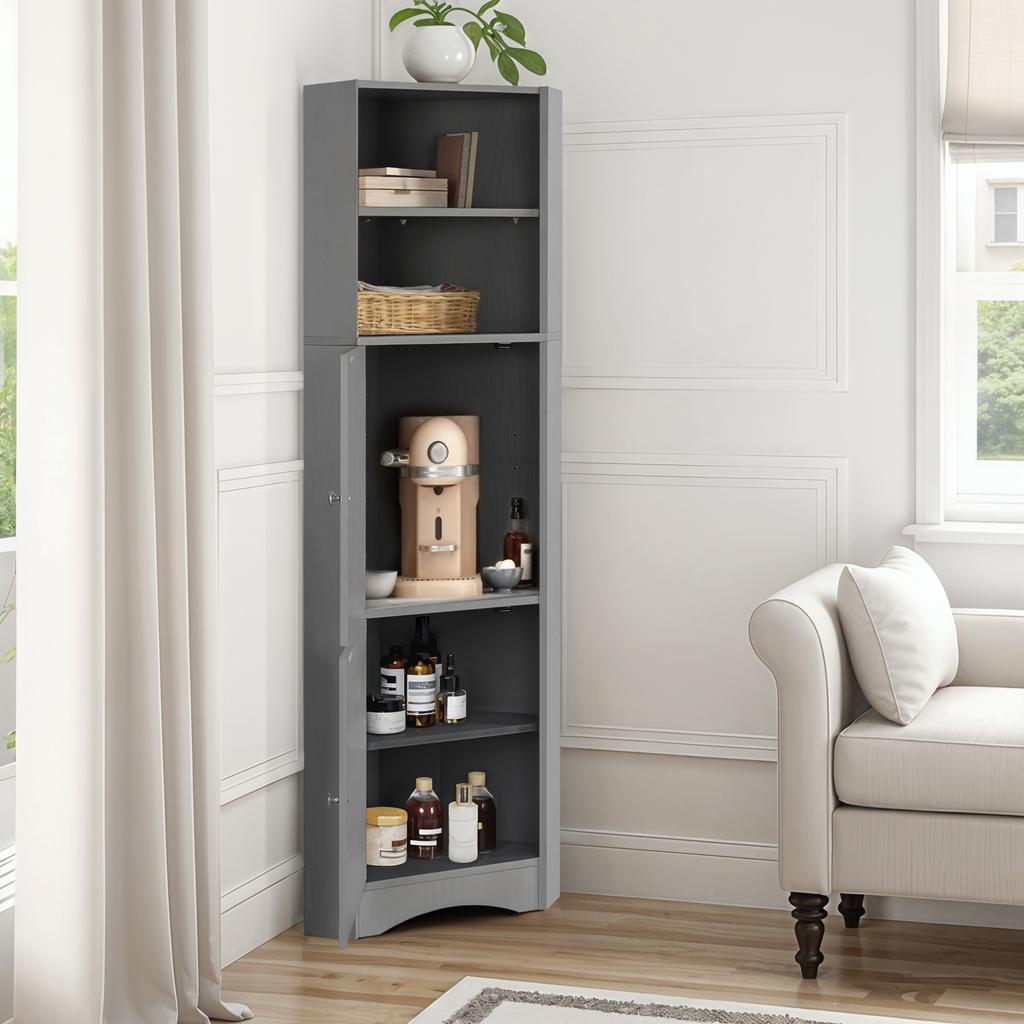 Badezimmerschrank, Eckschrank mit zwei Staufächern, Offenes Fach mit verstellbarem Einlegeboden, 36,5 x 36,5 x 155 cm, Hellgrau