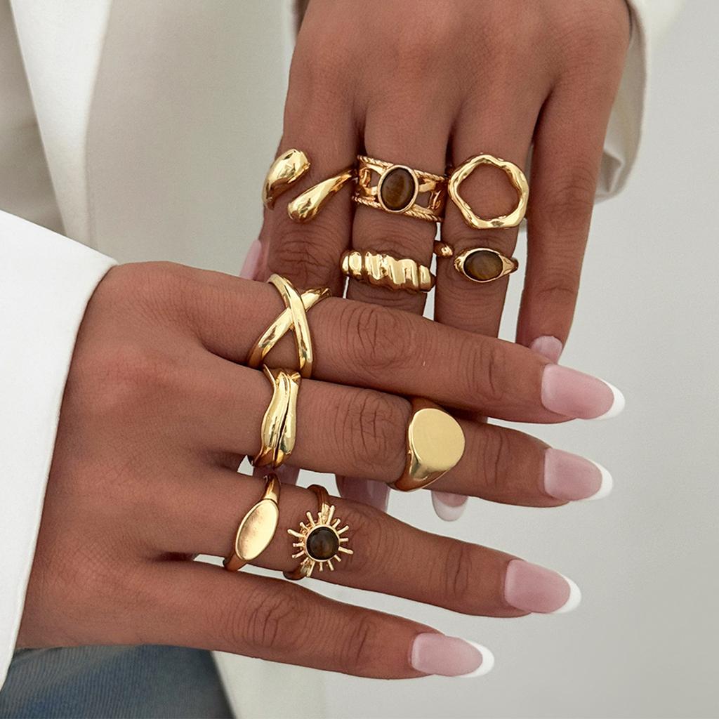 DIEZI One Set Fashion Baroque Tiger Eyes Rings For Women Men Girls Punk Gold Color Geometric Knuckle Joint Ring Set Jewelry