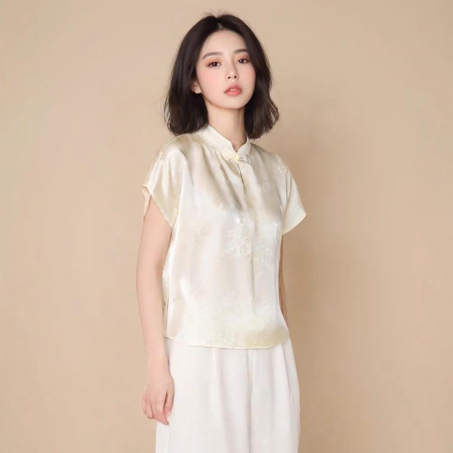 

2025 Summer Women s Retro Chinese Style Satin Jacquard Top with Frog Button XL